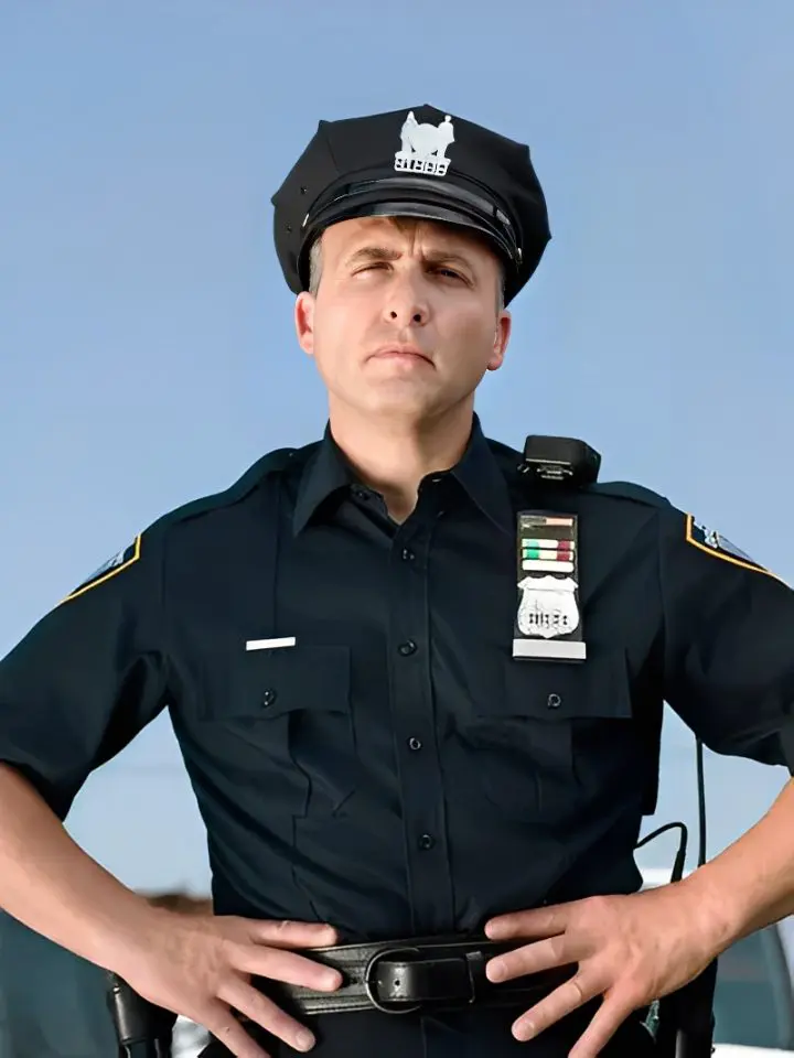 Confident police officer in uniform standing against a clear sky.