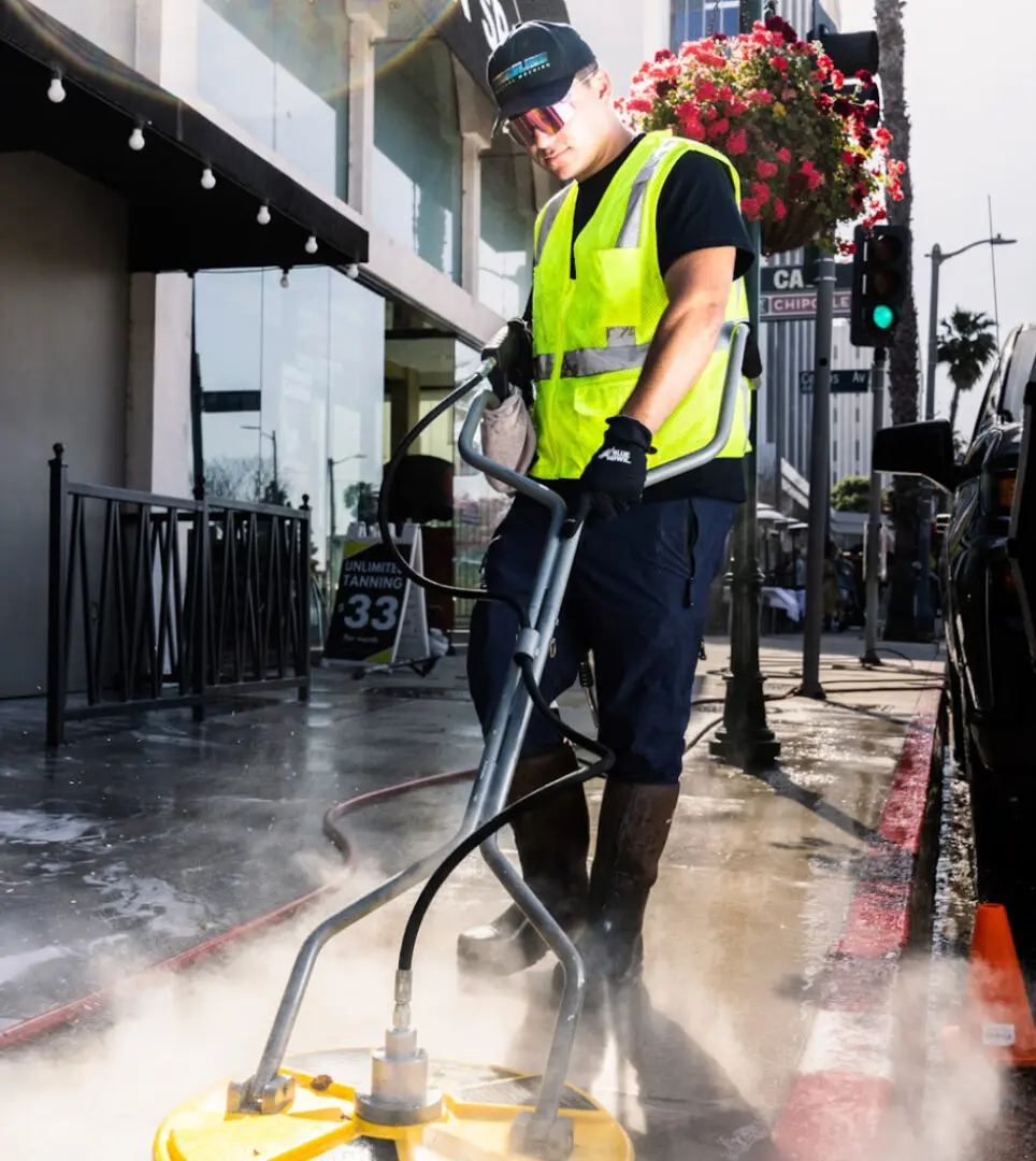 Worker pressure washing an outdoor urban area.