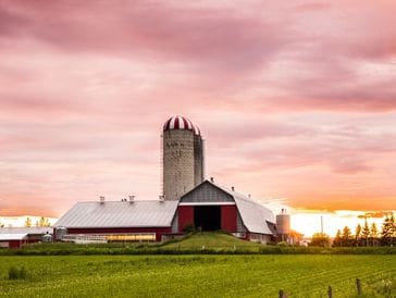 Barn and silo under a pink sunset sky.