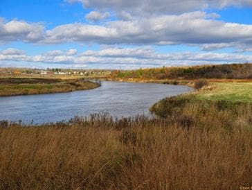A calm river winding through a grassy landscape under a blue sky.