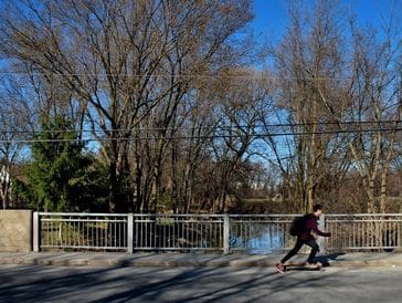 Person walking a dog near a river on a sunny day.