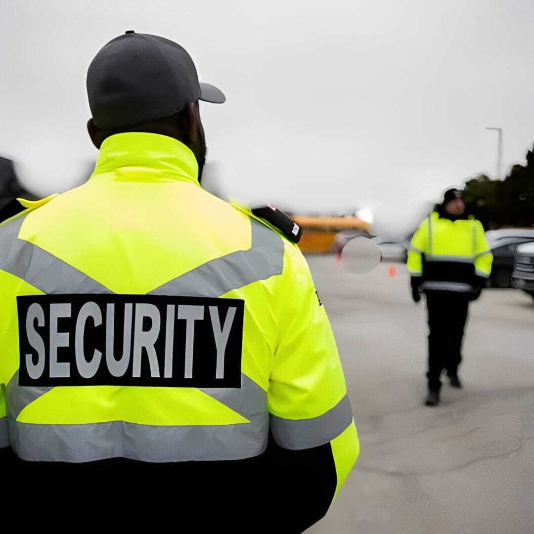 Two security guards in high-visibility jackets at an outdoor location.