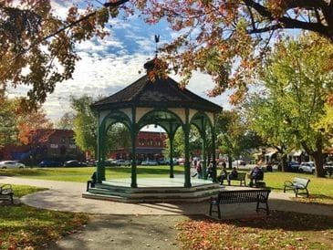 A peaceful gazebo surrounded by autumn trees in a sunny park.