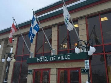 Facade of Hôtel de Ville with flags and street lamps.