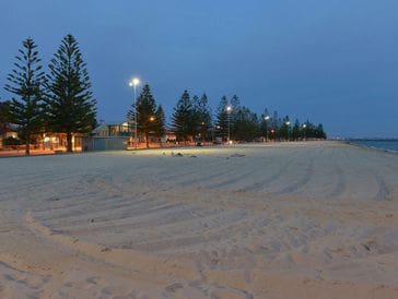 A sandy beach at dusk with lit street lamps and trees along the shore.