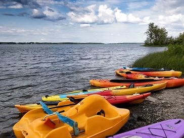 Colorful kayaks and a paddle boat docked by a calm lake shore.