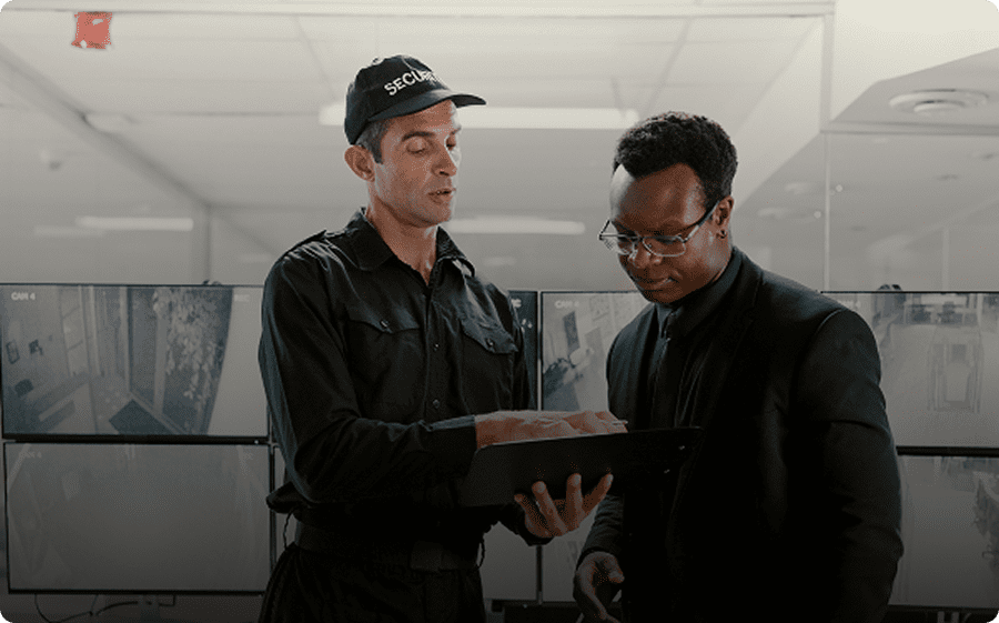 Two men in black uniforms examining a tablet.