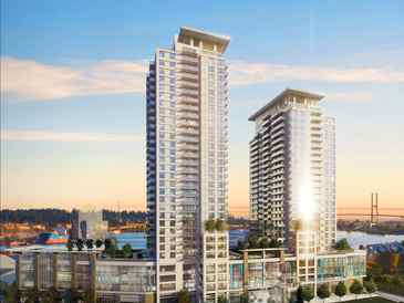 Two modern high-rise buildings at sunset with reflections on glass windows.