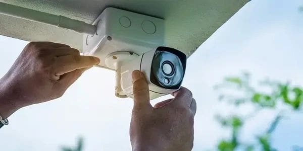 Person installing or adjusting a security camera outdoors.