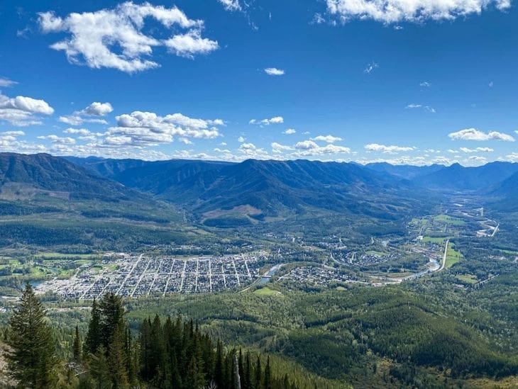 A panoramic view of a valley town surrounded by mountains under a blue sky.