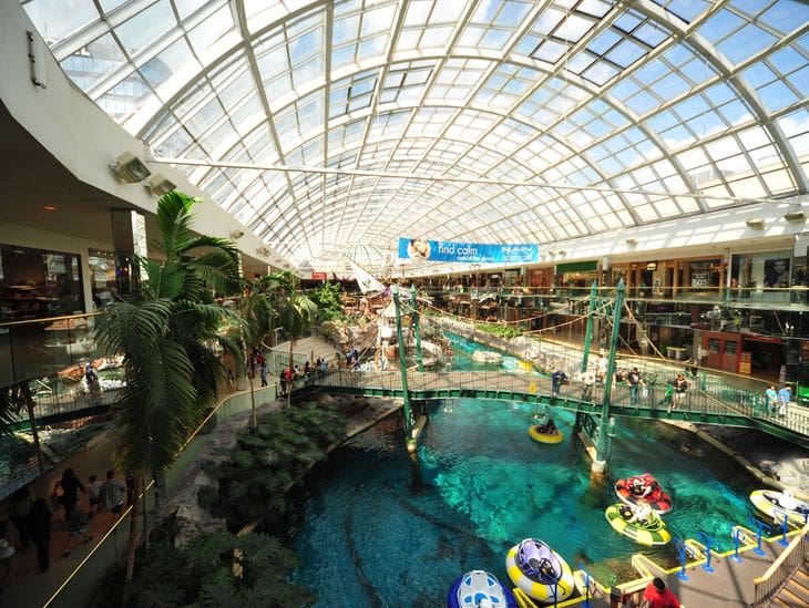 A spacious indoor water park with pools and palm trees under a glass ceiling.