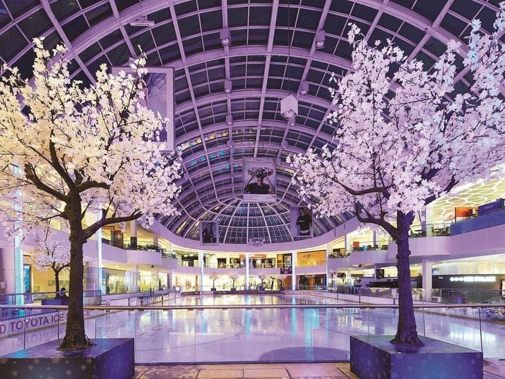 Indoor space with blooming cherry blossom trees under a glass dome.