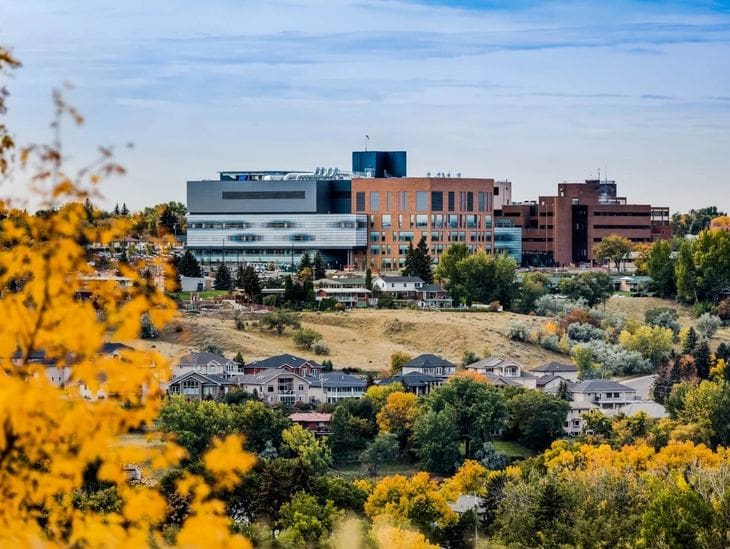 University campus with modern buildings and natural surroundings.