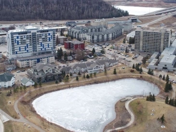 Partially frozen pond near residential buildings in a suburban area.