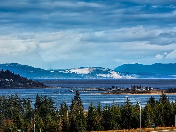 Scenic view of a lake with forested foreground and snow-capped mountains under a cloudy sky.