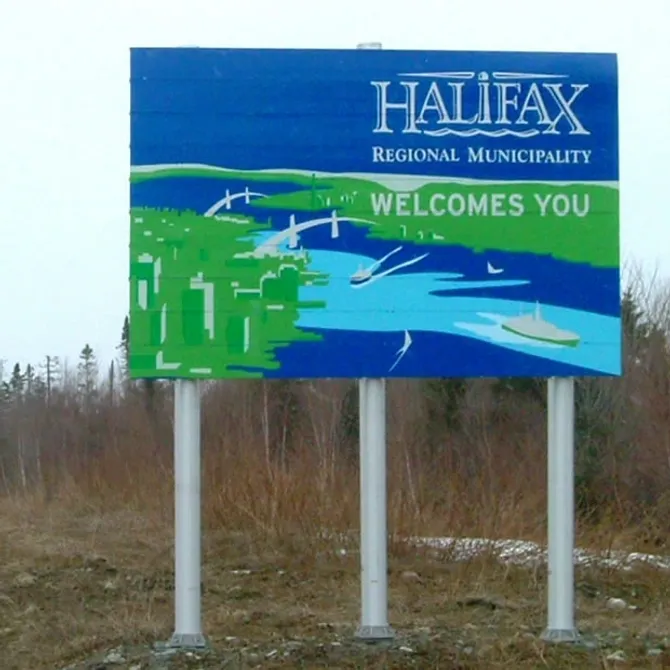 Halifax welcome sign featuring harbor illustration