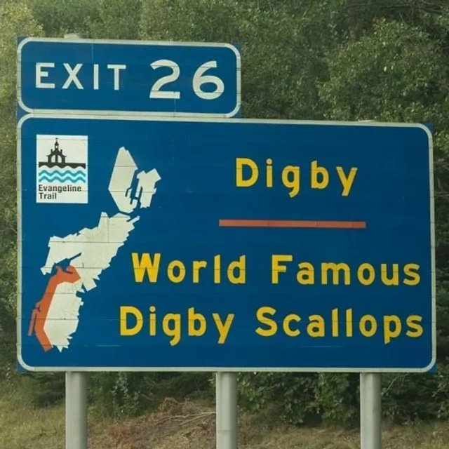 Exit 26 sign for Digby scallops