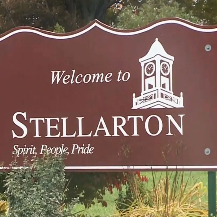 Welcome to Stellarton sign with clock tower