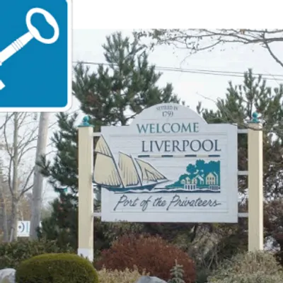 Welcome Liverpool sign with sailboat illustration