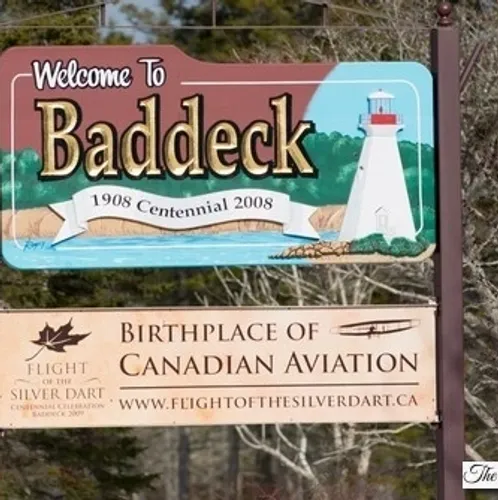 Baddeck welcome sign, birthplace of Canadian aviation