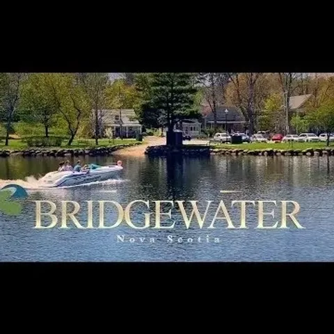 Speedboat on lake with Bridgewater Nova Scotia text